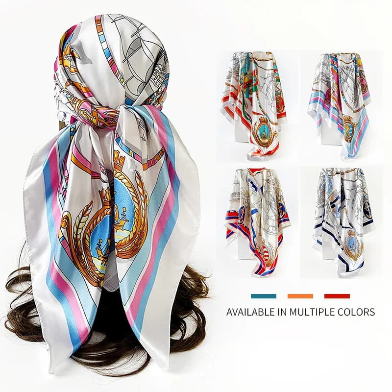 Luxury 90cm Square Scarf For Women Printed Scarves Bandanas Hijab Soft Satin Neckerchief Elegant Beach Shawl Wraps