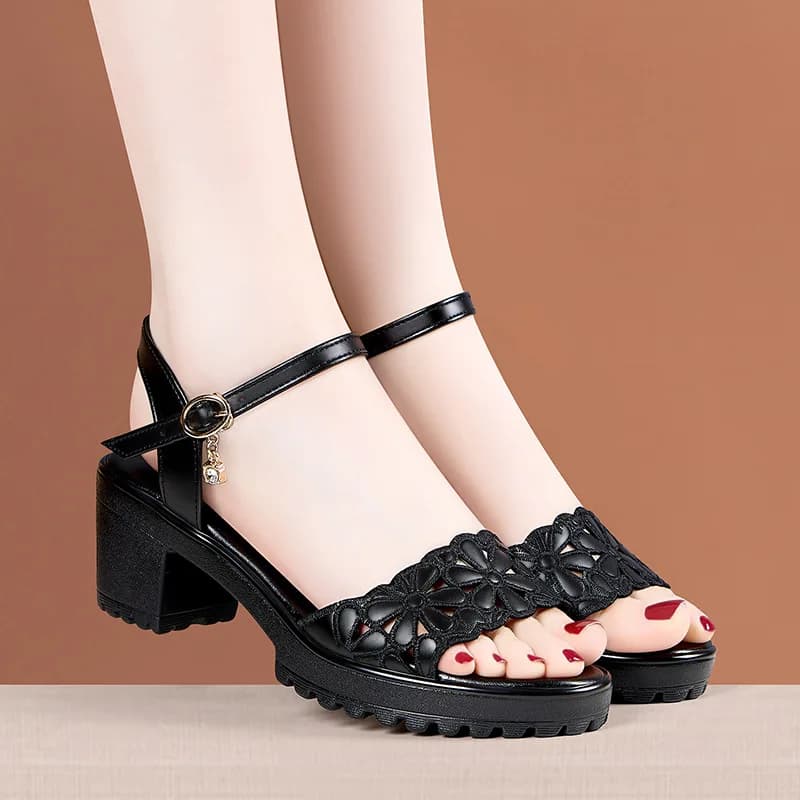 6cm Fashion Elegant Floral Cutout Soft Leather Sandals Women Platform Shoes 2026 Summer Block Heel Sandals for Office Daily Mom