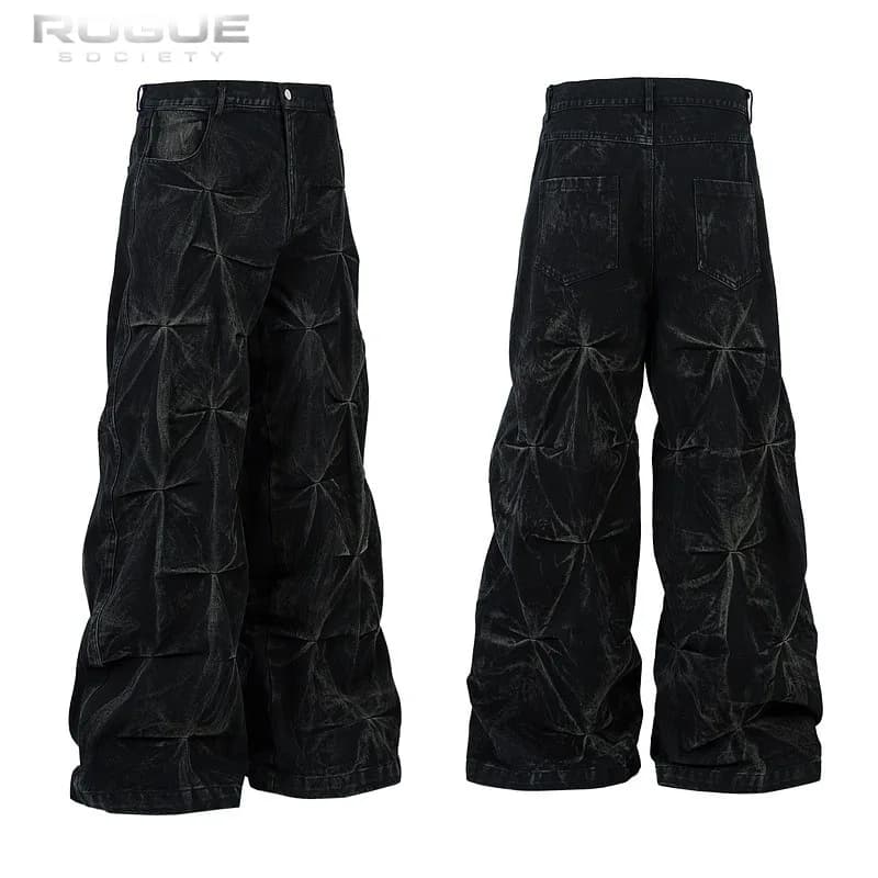 Jeans Grunge Pieghettati Cerati Uomo Donna Streetwear Pantaloni Larghi Lavati Gotici Y2K in Denim Cucito Effetto Usurato Punk Harajuku