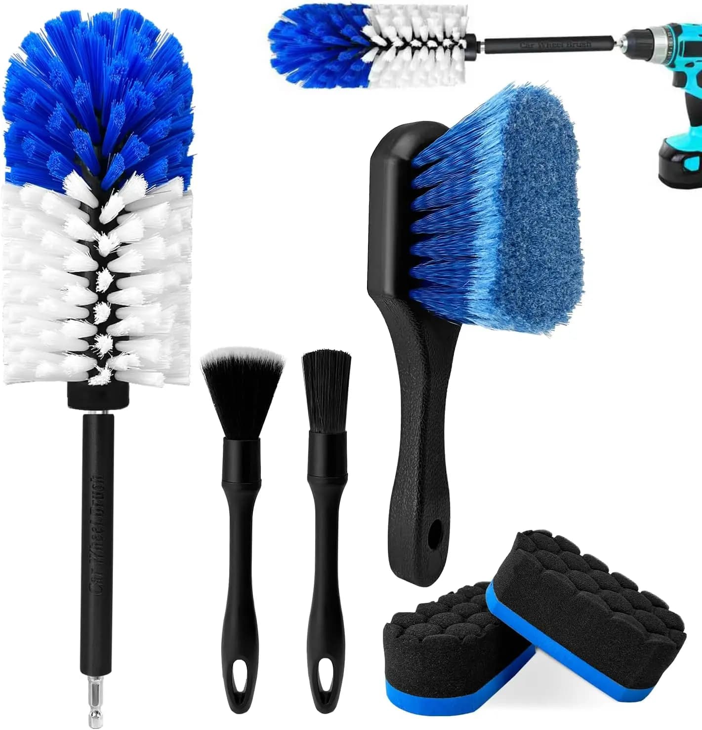 Kit di spazzole morbide per la pulizia di ruote e cerchioni, strumenti per la pulizia di pneumatici e cerchioni, senza graffi per auto e moto (Blu+Bianco, Confezione da 6)