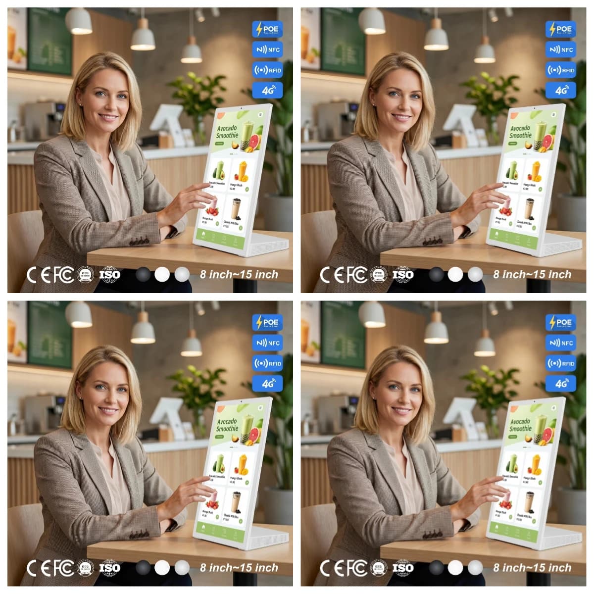 Juice Bar Desktop Self Service Kiosk 15.6 Inch L Shape Tablet Android 14 RK3576S 4GB 64GB NFC Reader PoE Powered