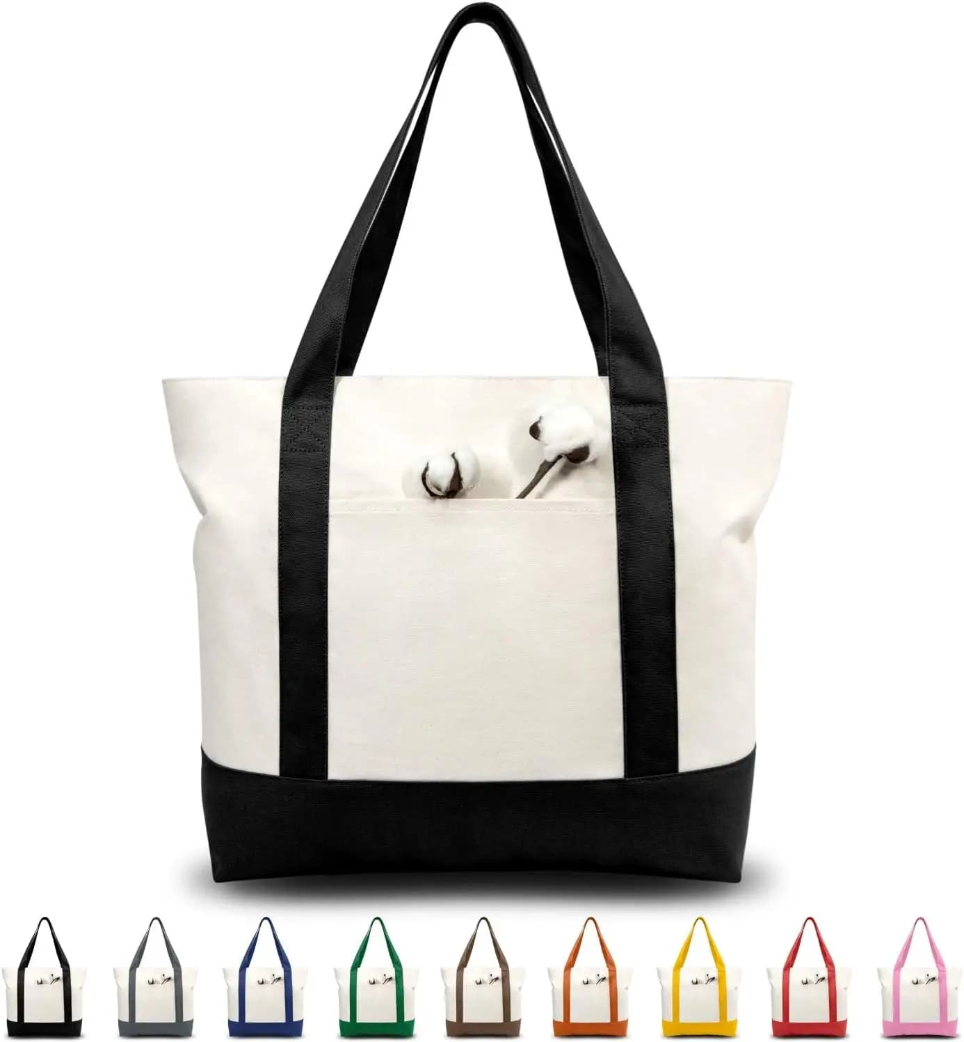 Borsa tote in tela con tasca esterna, borsa riutilizzabile per la spesa, chiusura con cerniera superiore, confezione da 1-30 (Nero/Naturale)