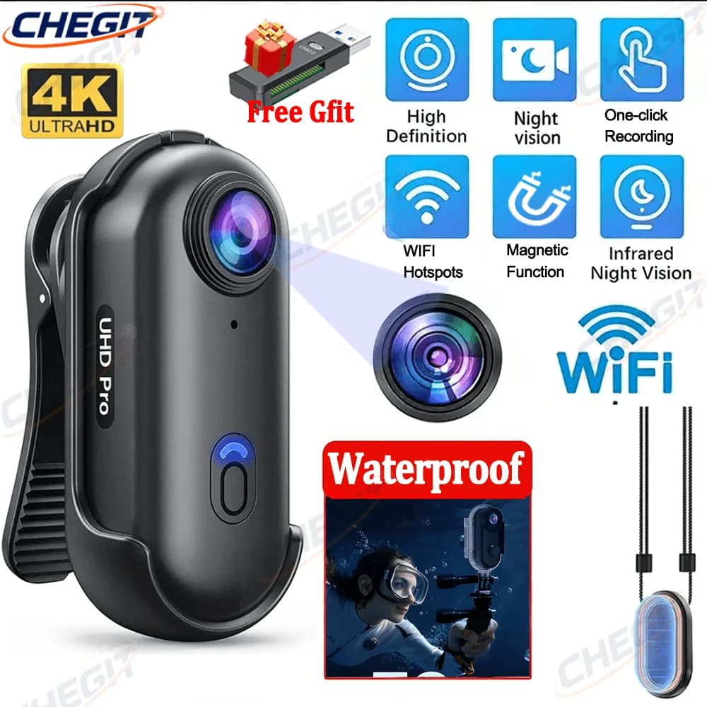 Pocket 4K WiFi Sports Camera Magnetic Mounting Clip 1080P Motorcycle Battery life Waterproof case Ideal for outdoor bike helmet