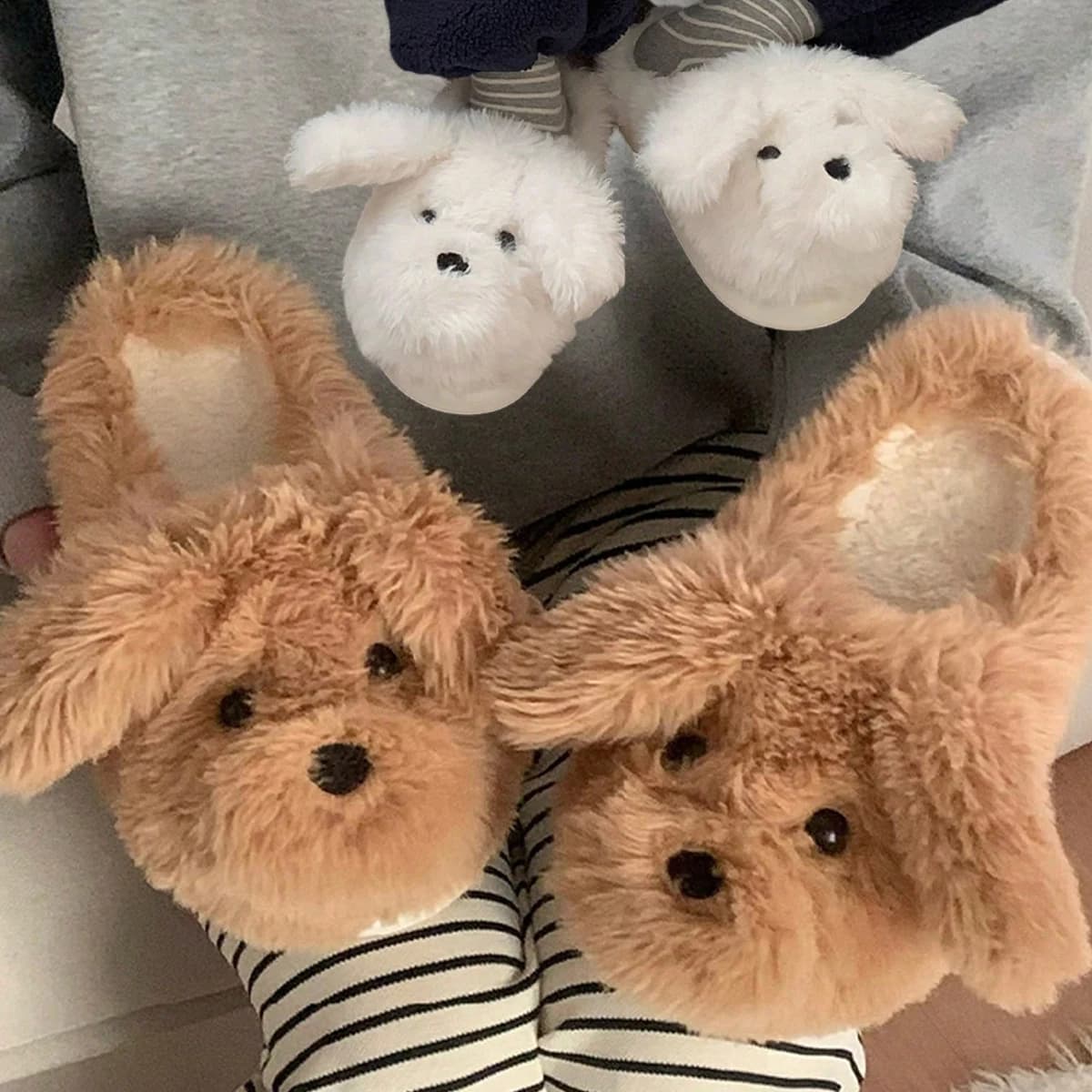 Home Slippers for Women, Design Cute in Shape of Puppy, White and Brown, Winter, Anti-slip, Hot, with Soft Sole, Comfortable for Home