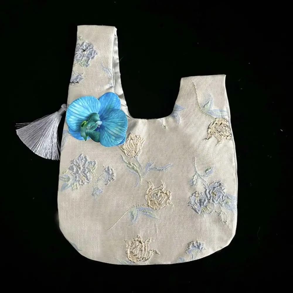Borsa a tracolla piccola con nappa e nodo, pochette portaoggetti, borsa cosmetica, borsa a mano in stile cinese, borsa per il pranzo con ciondolo a fiore