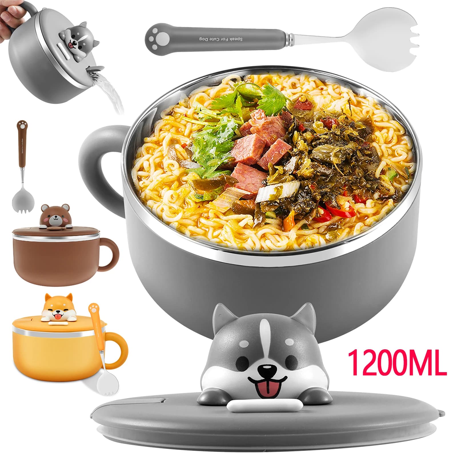 Ciotola in acciaio inossidabile con coperchio Tagliatelle istantanee da 1200 ml Ciotola per ramen portatile a tenuta stagna Utensili da cucina Partner di noodle istantanei