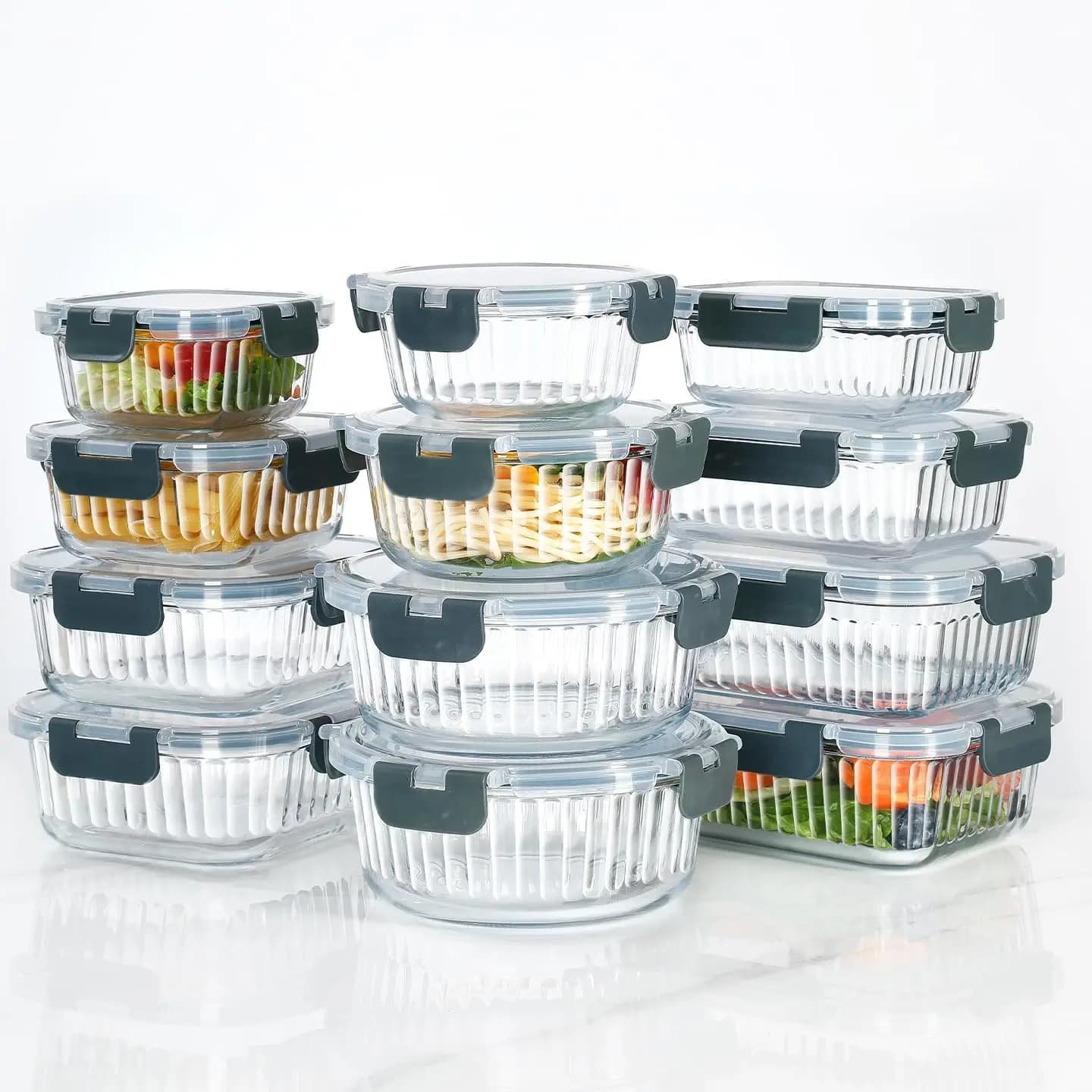 Set di 12 Contenitori in Vetro Borosilicato a Righe Verticali con Coperchi, Contenitori in Vetro per Preparazione Pasti, Ermetici