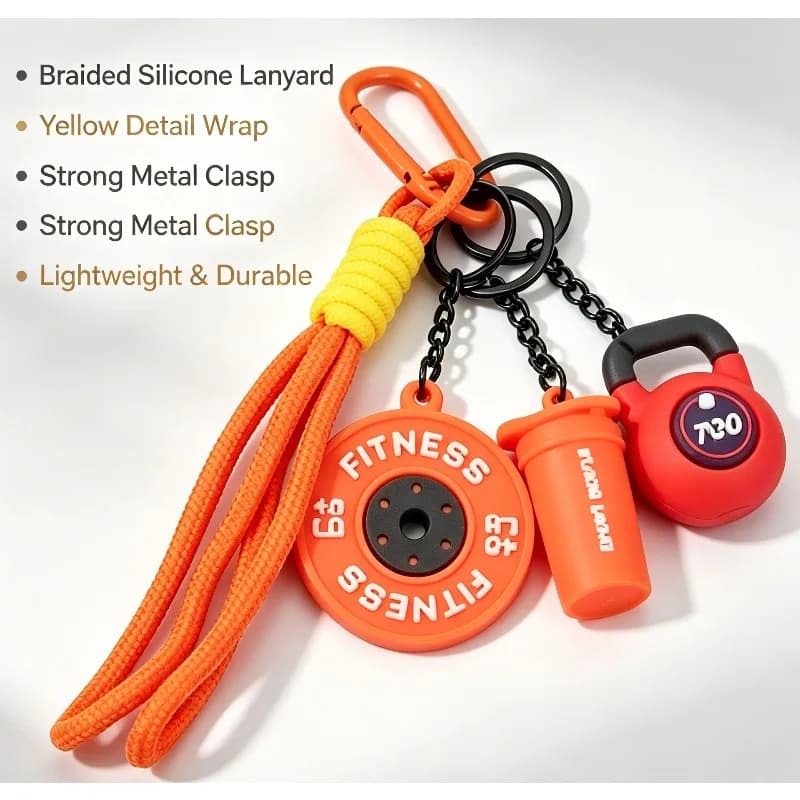 Fitness Gym Silicone Keychain Kettlebell Weight Plate Shaker Bottle Charm with Lanyard Bag Pendant Sport Gift for Fitness Lovers