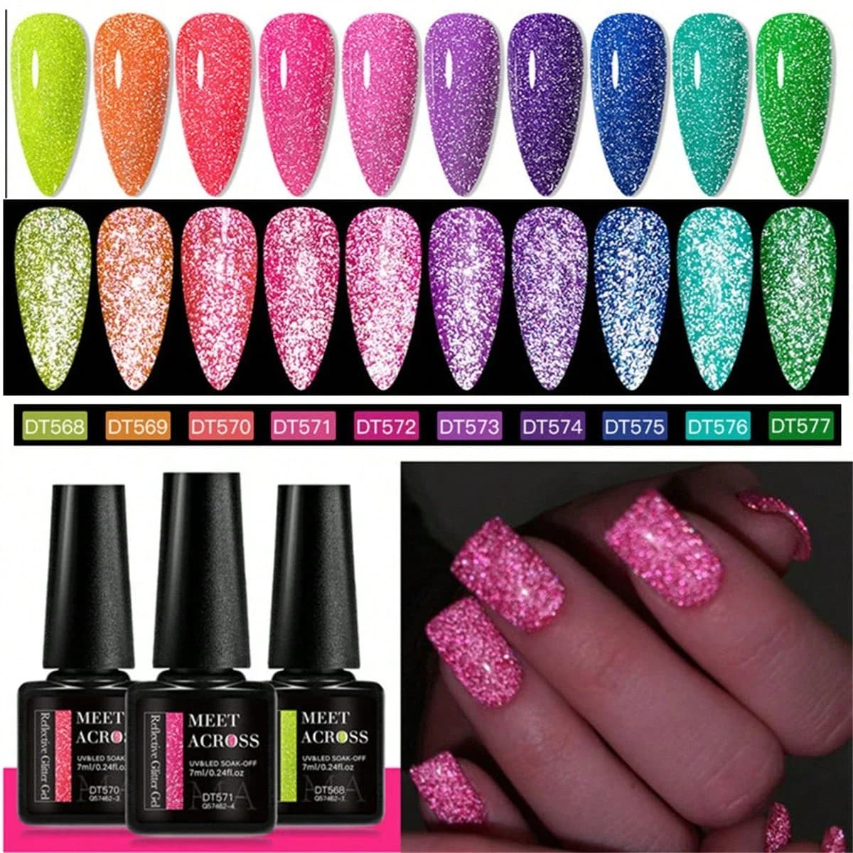 Set di 10 Smalti Gel Fluorescenti Riflettenti da 7ml, Smalto Gel Neon Scintillante Semi-Permanente UV LED per Nail Art e Manicure