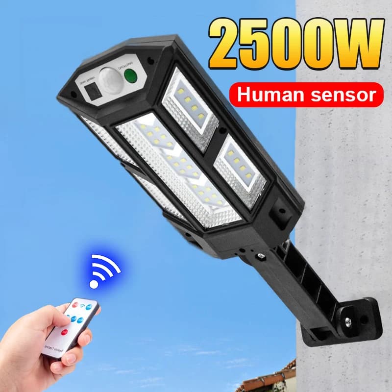 Lampione stradale con sensore da 2500 W 3 modalità Luci a LED solari per esterni Illuminazione da giardino di sicurezza impermeabile Luce da cortile stradale con telecomando