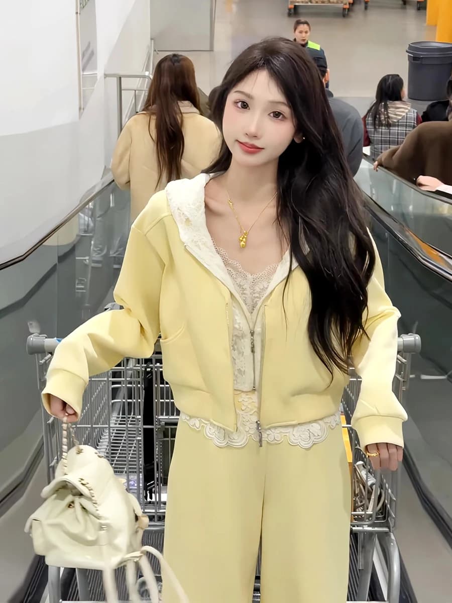 Sweet Anti-Aging Lace Patchwork Hoodie Casual Pants Two-Piece Set for Women Spring 2026 New Style Polyester Long Sleeve Zipper