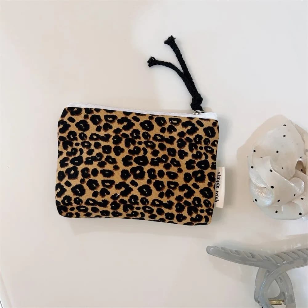 Retro Leopard Print Makeup Pouch Zipper Canvas Coin Purse Retro Style Portable Cosmetic Organizer Travel Use
