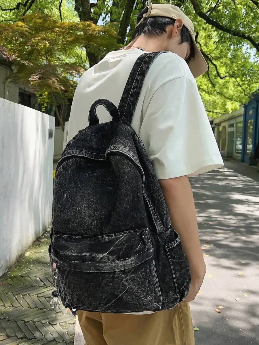 1pc Vintage Backpack, Adjustable Strap, Zipper Closure, Astronaut Charm, Casual Spacious Lightweight Washed Canvas Backpack, Pea