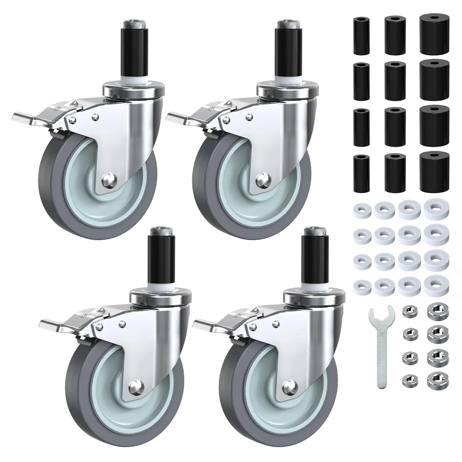 Set di 4 Ruote Girevoli Bloccabili da 5 Pollici con Stelo Espandibile, per Gambe di Tavoli e Carrelli in Acciaio Inox da 1 a 1-5/8 Pollici di Diametro Interno