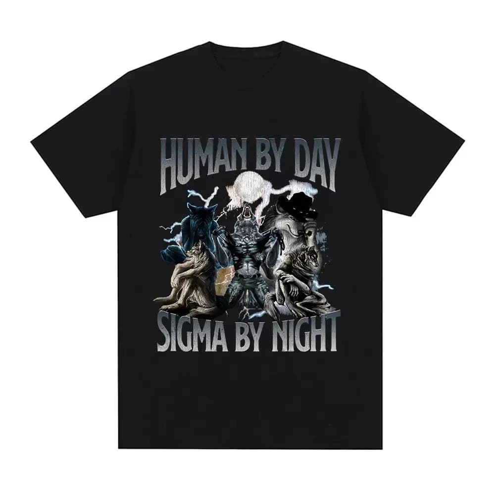 Human By Day Sigma By Night Funny Wolf Graphic T Shirt Men Women Casual Cotton Short Sleeve Oversized T-shirts Streetwear Unisex
