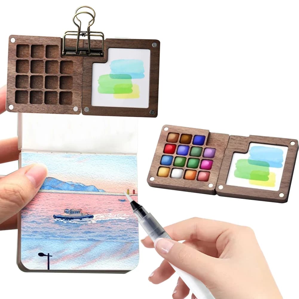 Tavolozza di colori da viaggio Mini tavolozza di acquerelli Set con clip Set di acquerelli portatile Scatola di colori con griglia in legno Regalo per bambini