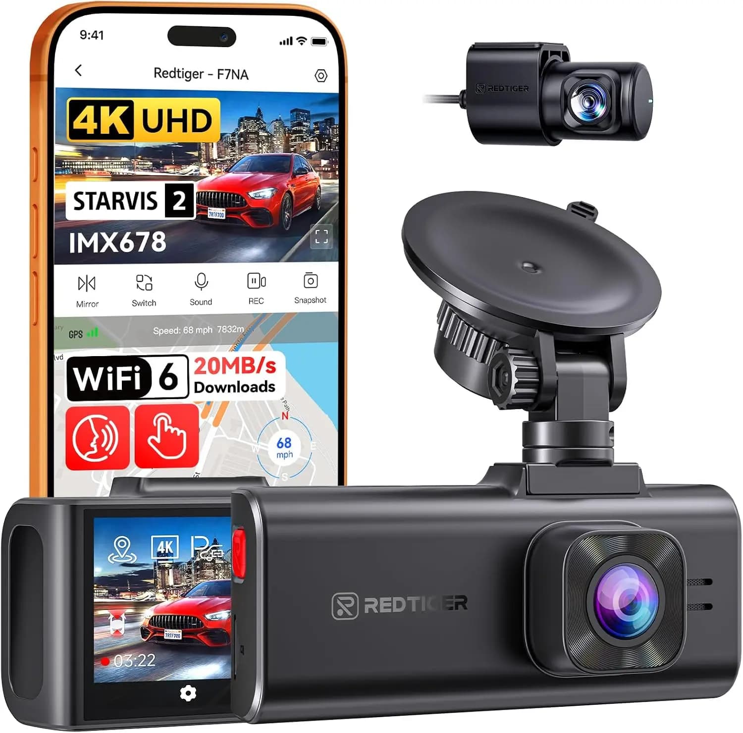 4K Dual Dash Cam, Sony STARVIS 2, 5GHz WiFi Fast Download, GPS, Voice Control, Night Vision, 24H Parking Mode, Support 512GB