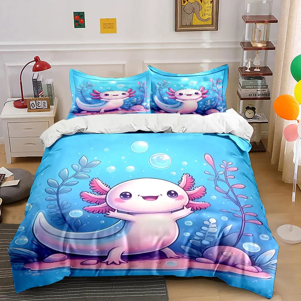 Adorabile set copripiumino con motivo axolotl acquatico e bolle, stampa digitale, biancheria da letto colorata in poliestere con chiusura a cerniera, regali