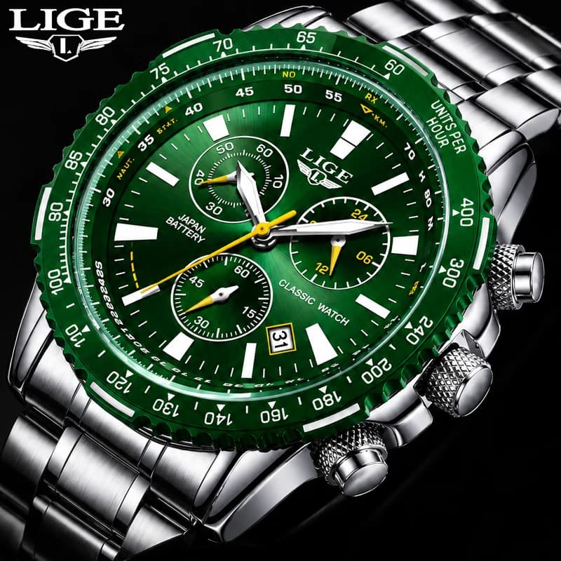 LIGE New Green Big Dial Watch Men Top Brand Luxury Fashion Mens Watches Military Waterproof Chronograph Quartz Wristwatch Clock