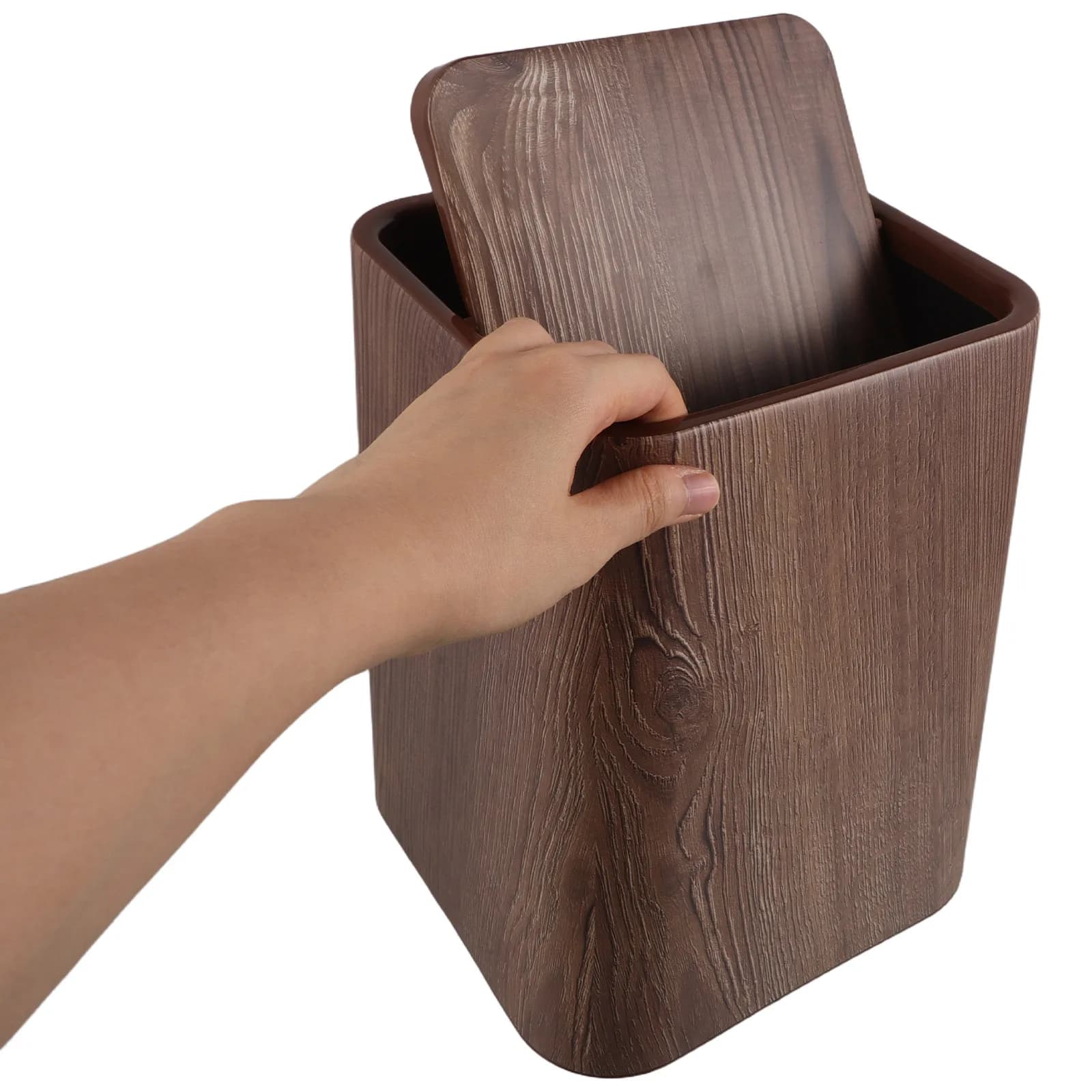 Cestino per Rifiuti da 8,5L Stile Rustico con Coperchio, Finitura Effetto Legno, Cestino Compatto ed Estetico per Camera da Letto, Bagno, Soggiorno, Ufficio, Dormitorio