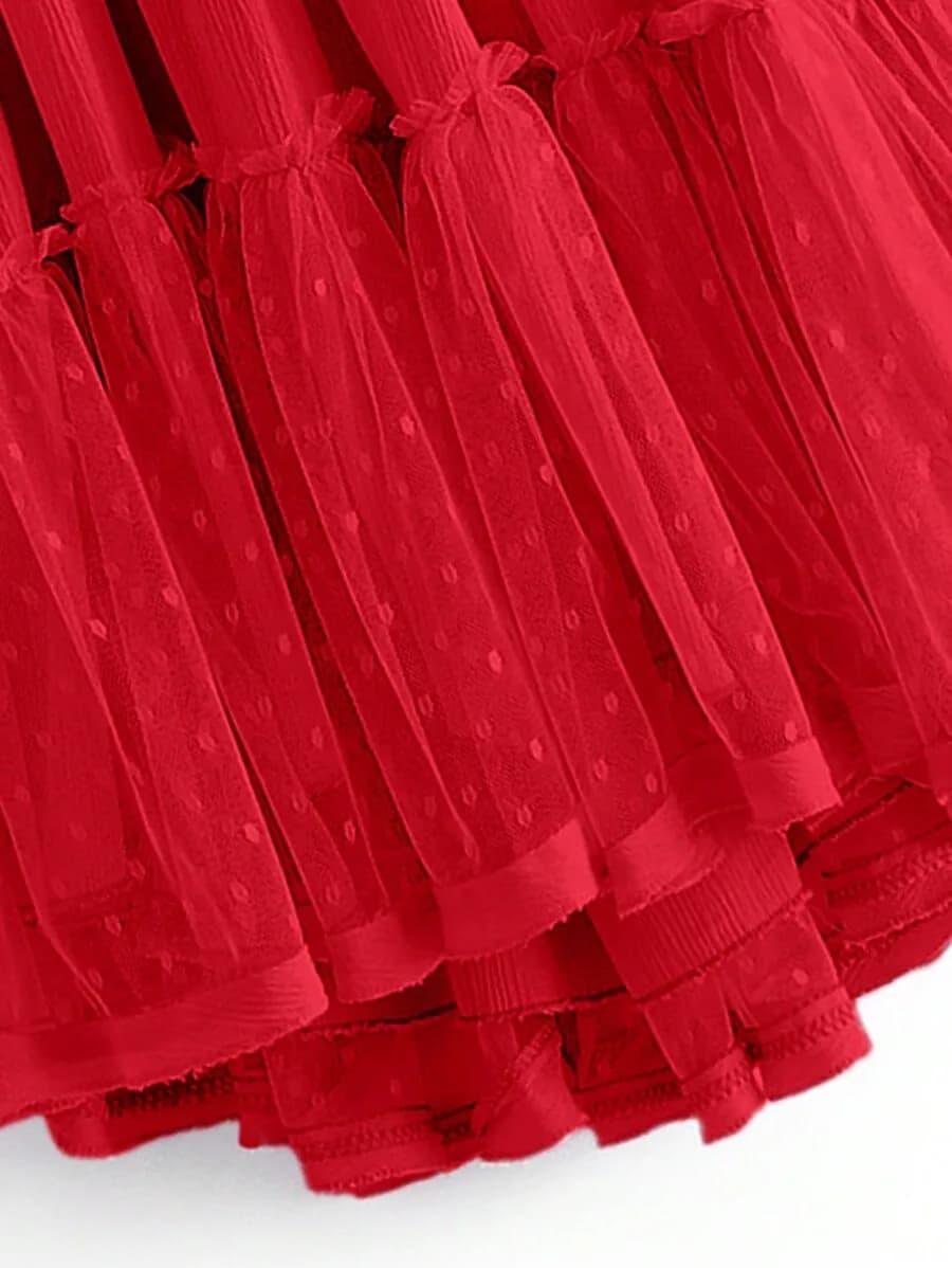 Abito Halter Rosso in Rete Dobby con Volant e Laccetti, Stile Elegante e Romantico per Vacanze Estive da Donna
