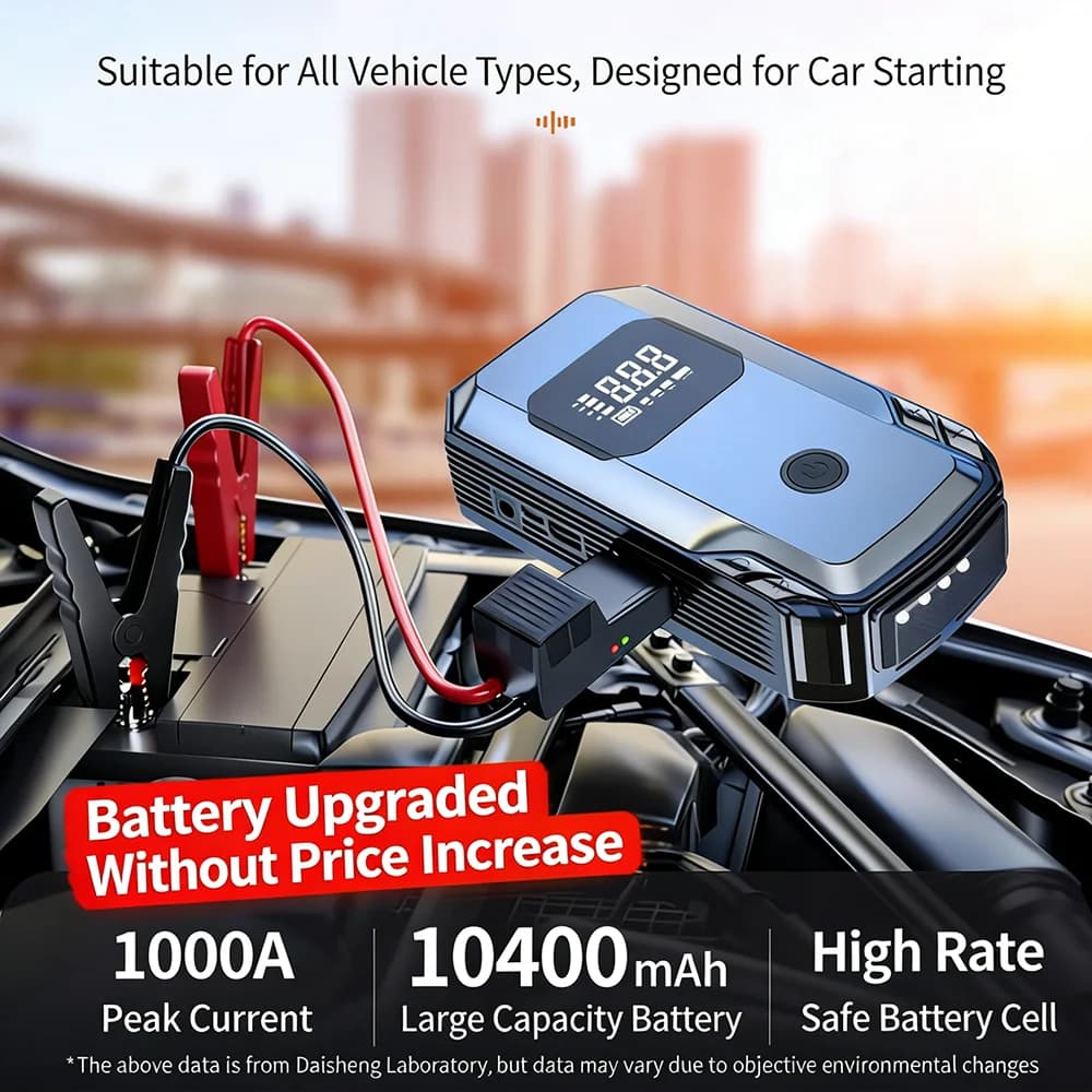 Avviatore portatile per auto e pompa d'aria PowerBank Booster Dispositivo di avviamento per auto Caricabatteria per auto con luce a LED per autoveicoli