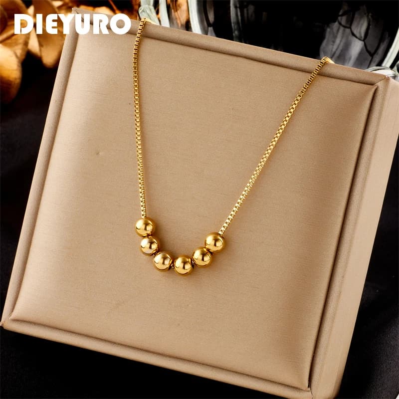 DIEYURO Collana con ciondolo perline con palline color oro in acciaio inossidabile 316L per le donne Moda Ragazze Catena clavicola Gioielli Regali per feste