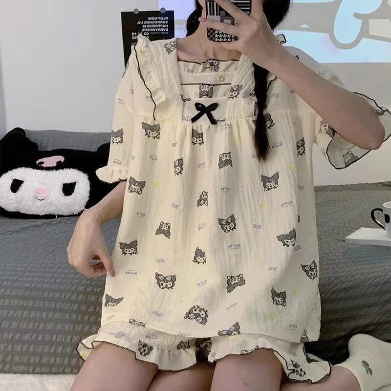Sanrios Hello Kittys Summer Cute Sleep Nightgown Cotton Women Students Home Loungewear Sweet Lovely Casual Square Neck Lace Trim