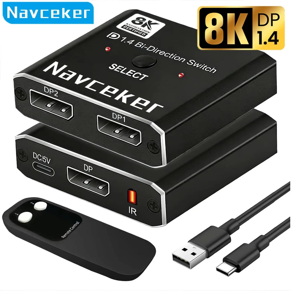Navceker Switch DisplayPort 8K Bidirectional 4K 120Hz DP 1.4 with IR Remote Control 1 Input 2 Outputs for Laptop PC