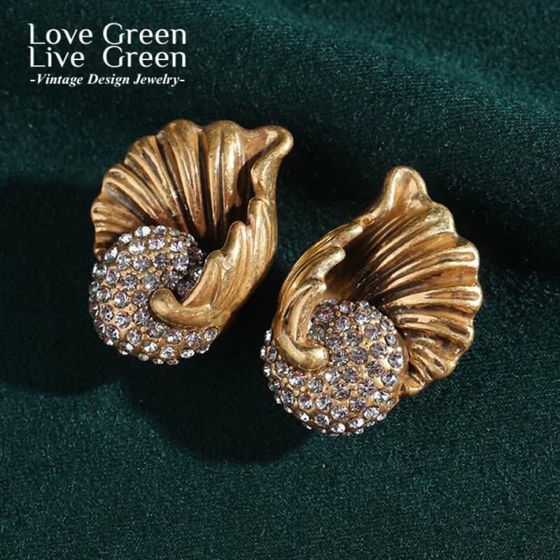 Orecchini Vintage in Oro 18k con Conchiglia e Strass, Gioielli Eleganti di Lusso per Donna, Regalo di Design alla Moda, Tendenza 2025