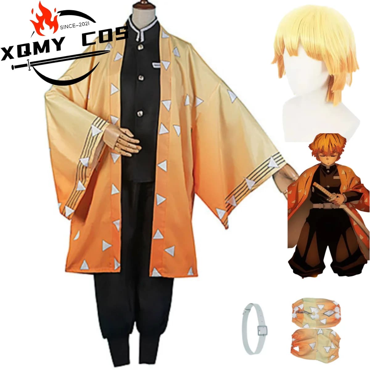 XqAnime Agatsuma Zenitsu Costume Cosplay Scialle giallo Cappotto Nero Uniforme da combattimento Set completo Parrucca Uomo Donna Abito da ballo mascherato