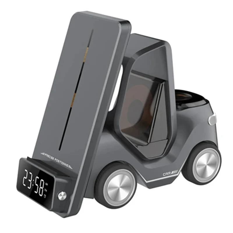 Supporto di ricarica wireless T20 5 in 1, stazione di ricarica rapida da 15 W con allarme e luce ambientale, per telefono, SmartWatch Grey-A32R