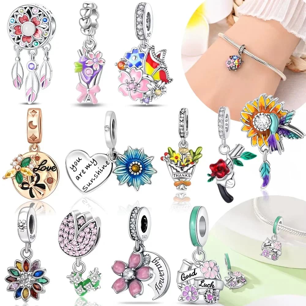Bouquet Dreamcatcher Heart Dangle Original Charms Silver Plated Beads Fit Bracelets Bag Keychain Charms Diy Women Gift Accessory