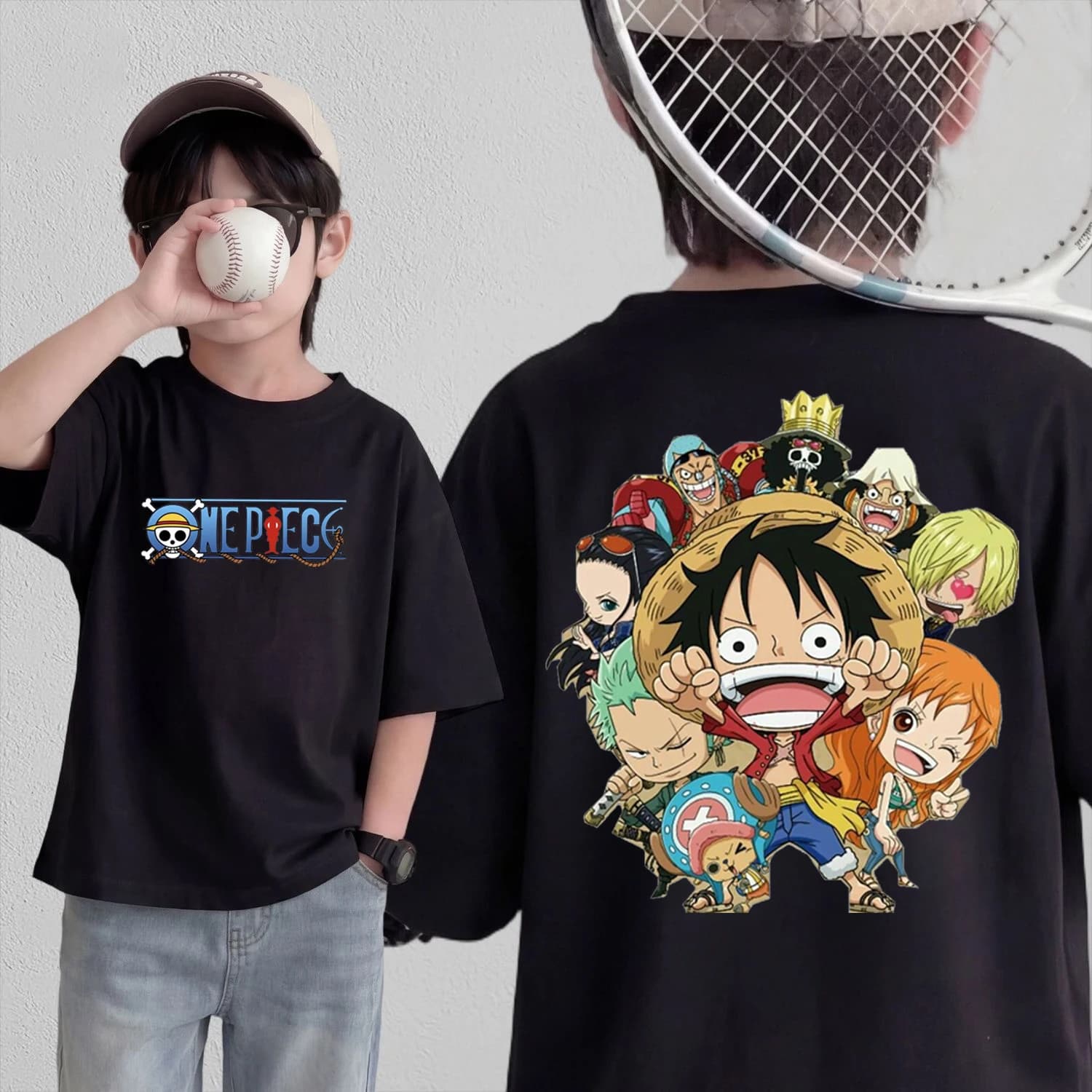T-shirt in cotone con stampa personaggi One Piece Chibi, abbigliamento casual estivo 2026 a maniche corte per uomo, donna e famiglia