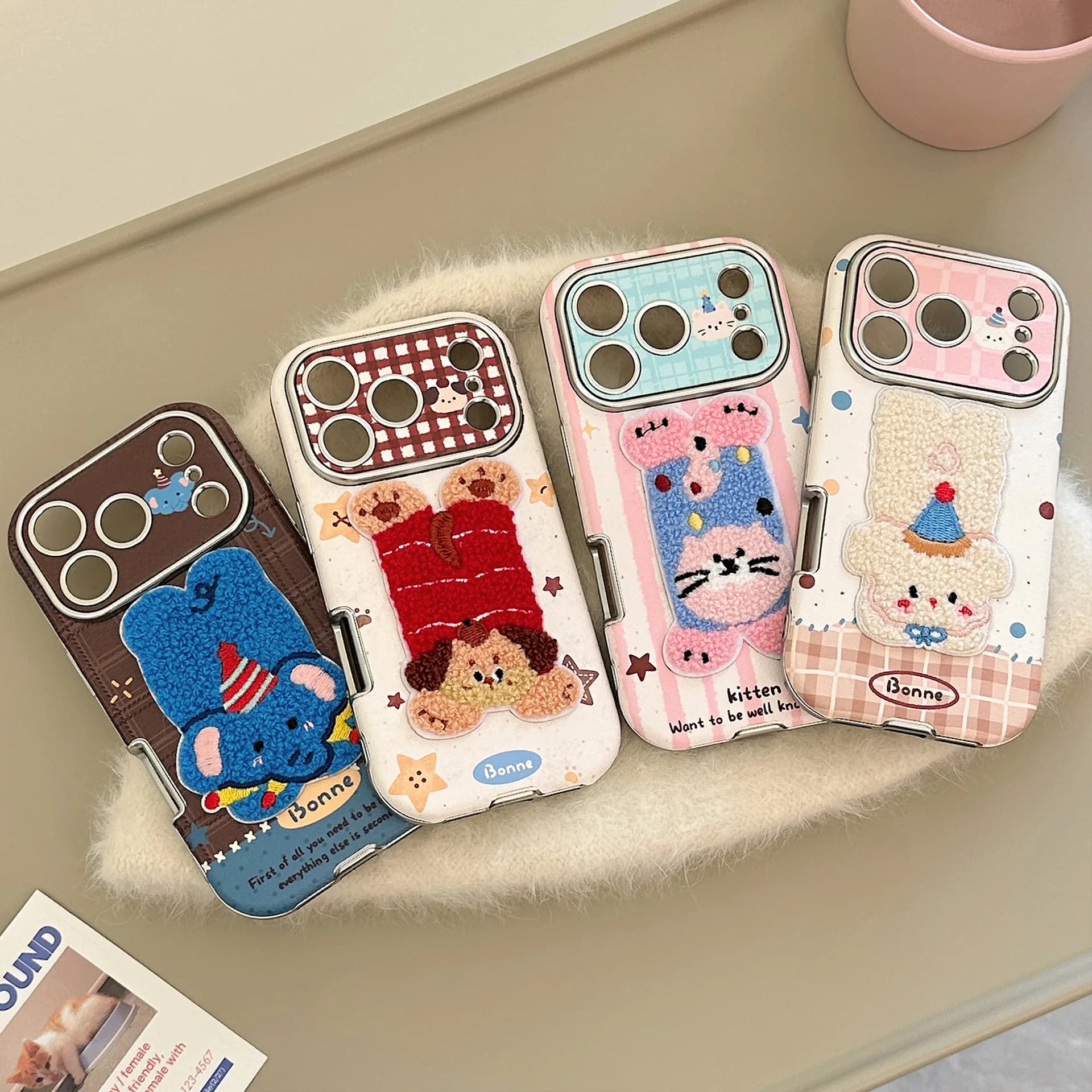 Korean 3D Cartoon Plush Embroidery Animals Leather Texture Phone Case For iPhone 17 13 14 15 16 12 11 Pro Max Shockproof Cover
