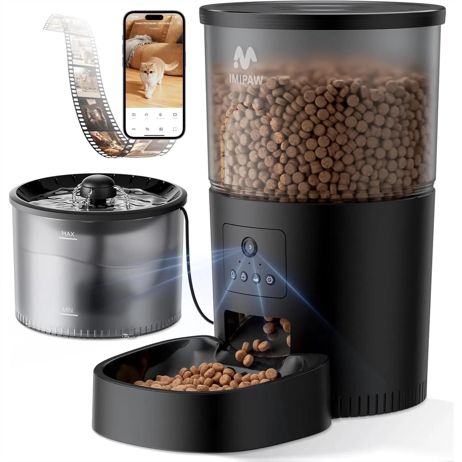 Distributore Automatico di Cibo per Gatti con Telecamera e Fontanella, Riconoscimento AI HD degli Animali Domestici, Controllo Remoto tramite APP, Dispenser di Cibo Temporizzato, Comunicazione Bidirezionale