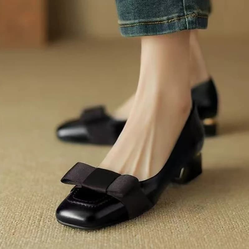 Flat Shoes Women Low Heel Pumps Ladies Female Footwear Square Toe Autumn Soft Retro Fall PU Roman Knot Elegant Office Commute