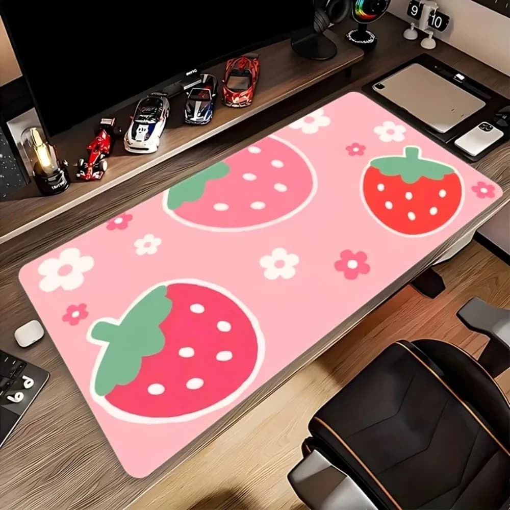 Tappetino per mouse rosa a forma di fragola, grande, antiscivolo, con bordi cuciti, carino, per gaming e ufficio
