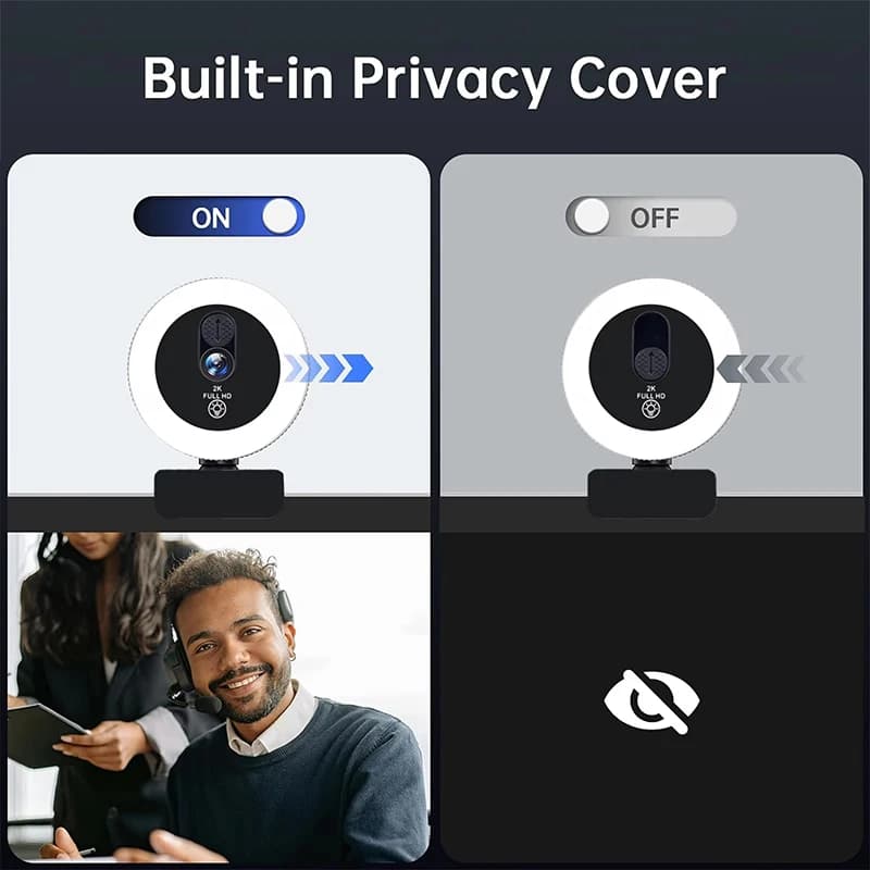 Webcam 4K with bright ring and microphone, automatic focusing 1080p 30fps for PC portable live streaming, Video call Conferences Broadcast