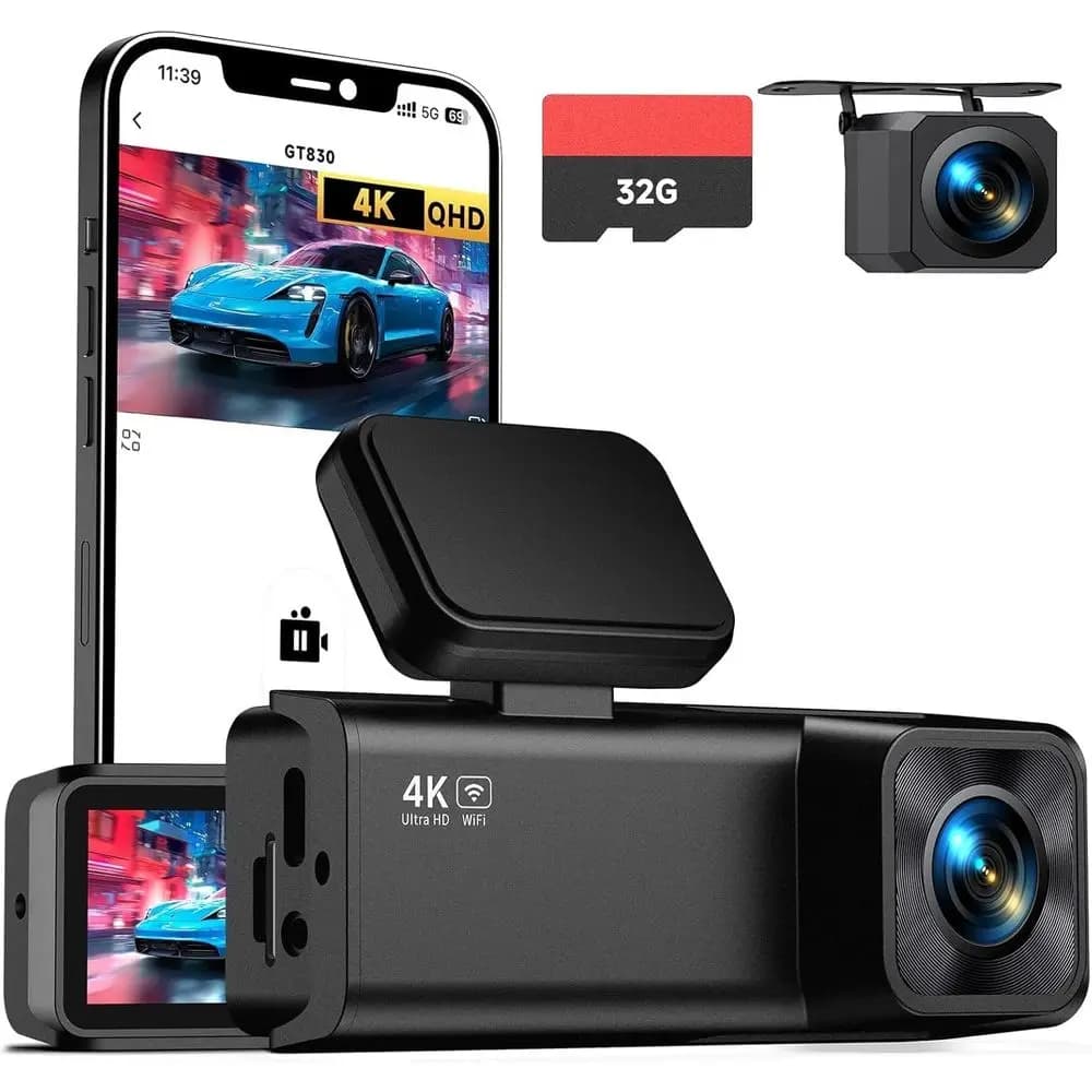 Dash Cam a Doppio Canale: 4K Frontale e 1080P Posteriore, Visione Notturna, Schermo IPS da 1,97 Pollici, Sensore G, Monitoraggio Parcheggio, Scheda da 32GB