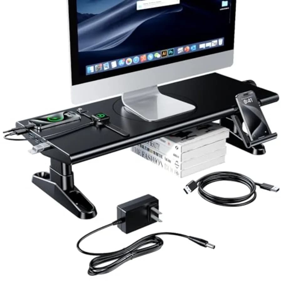 Supporto per Monitor con Hub USB e Stazione di Ricarica 30W/5Gbps USB-C, Altezza Regolabile 4.4-5.7''