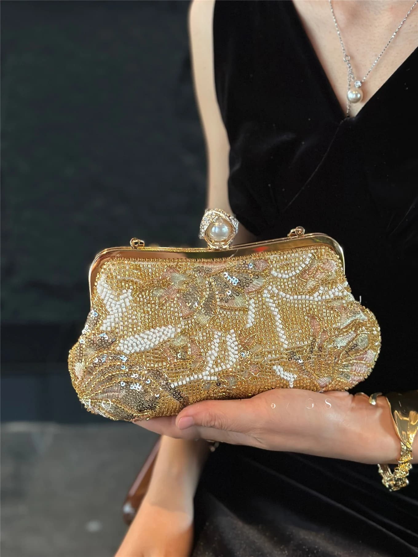 Elegante Borsa a Tracolla Vintage Cinese Ricamata con Perle, Pochette da Sera per Donna, Piccola Borsa con Perline di Riso