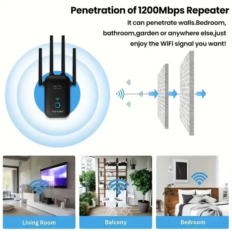Fix Slow Internet in Bedroom PIX-LINK AC35 1200Mbps Dual Band WiFi Extender 4 Antennas MU-MIMO Repeater for Gaming Streaming
