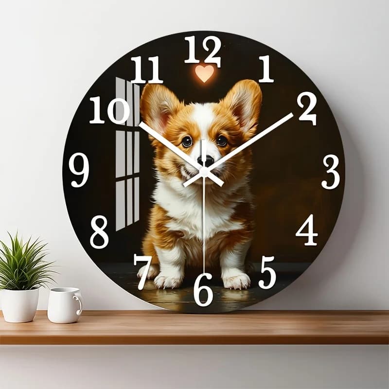 Orologio da parete silenzioso in legno, orologio decorativo circolare con finitura lucida HD, adorabile cucciolo di Corgi con bagliore