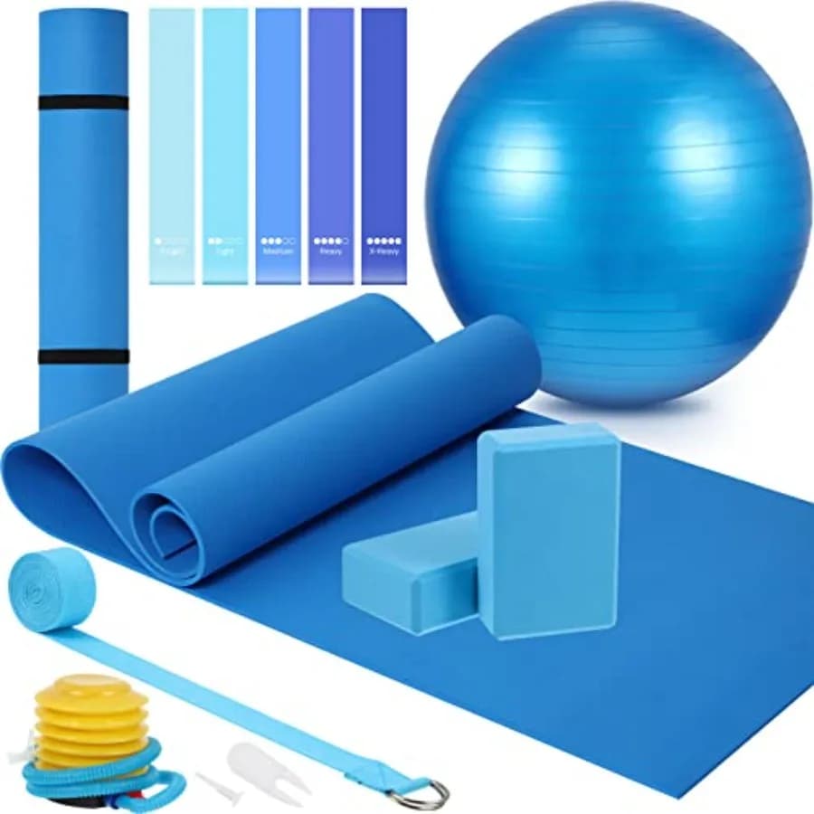 Kit Yoga per Principianti da 10 Pezzi: Include Tappetino Yoga da 6mm con Cinghia di Trasporto, 2 Blocchi, Palla Pilates da 65cm, Cinghia per Stretching, 5 Fasce di Resistenza
