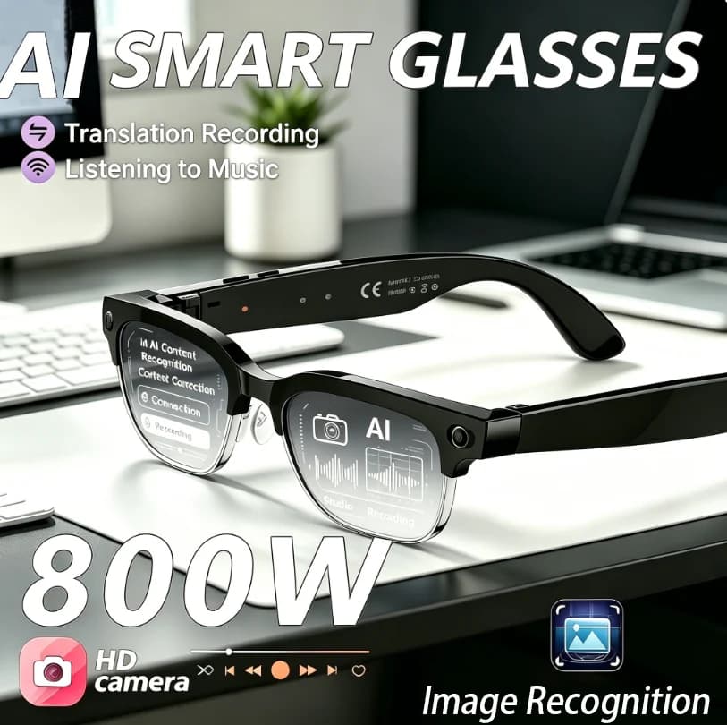 Nuovi Occhiali Smart 2026 con Fotocamera da 800W Pixel, Registrazione Video, Riconoscimento Foto AI, Chiamate Bluetooth e Traduzione Vocale per Uomo