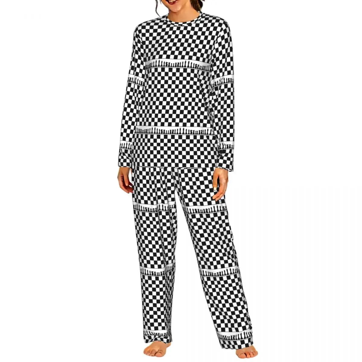Chess Board Black And White Grid Checkered Round Neck Long Sleeves Nightdress for Sleepshirts Women Soft Pajama Set Long Pants