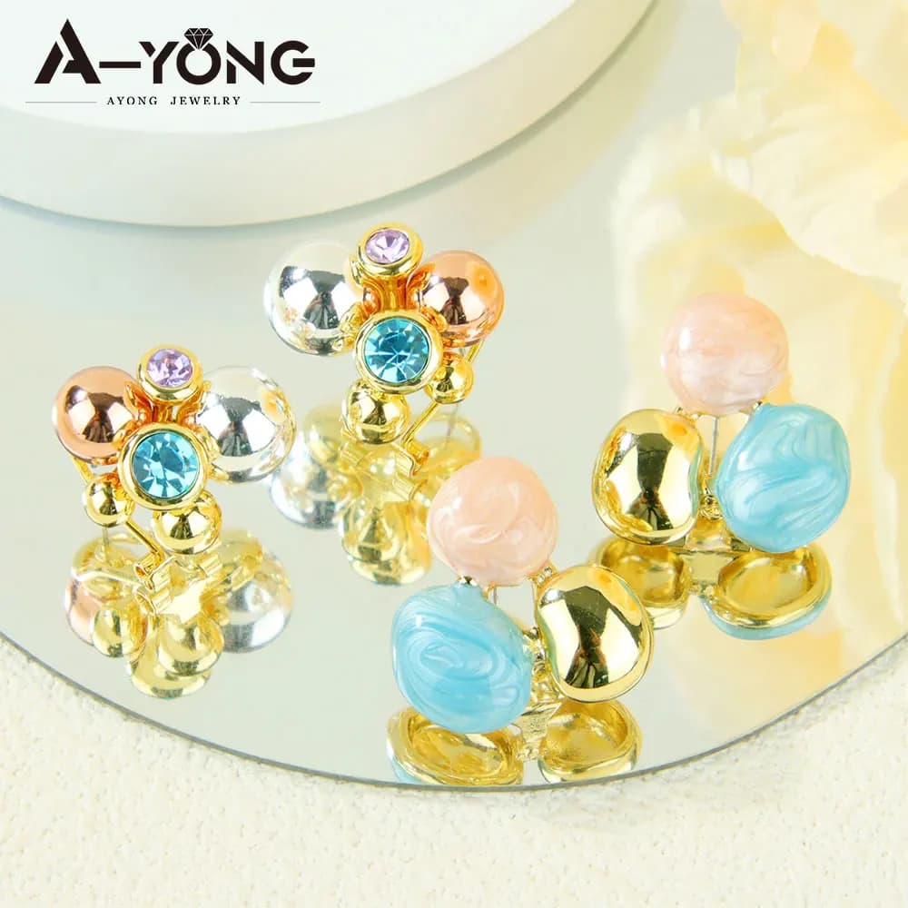 European Fashion Enamel Stud Earrings 14k Luxury Charm Floral Exquisite Crystal Drop Earrings Italian Women Statement Jewelry