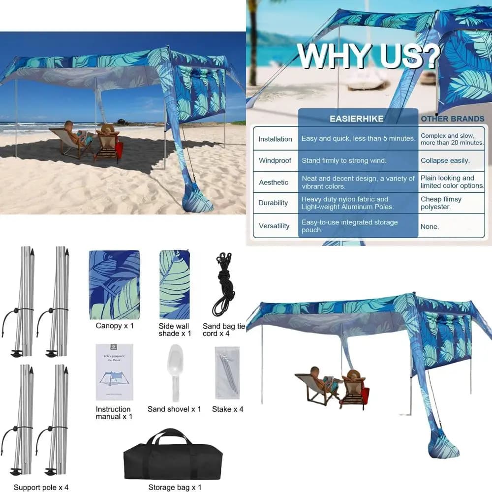 10x10 foot beach turkey with sides, 6.6 feet high, UPF50+, wind and water resistant, includes Guyline, anchors and outdoor poles