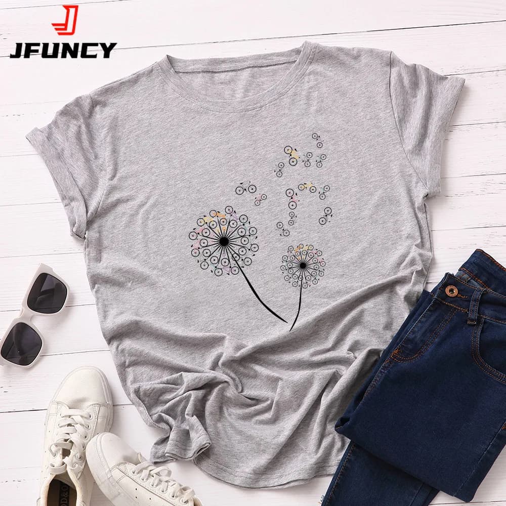 JFUNCY New Women Cotton T-shirt Summer Short Sleeve Female Shirt Creative Bike Dandelion Harajuku Print Woman Tee Tops